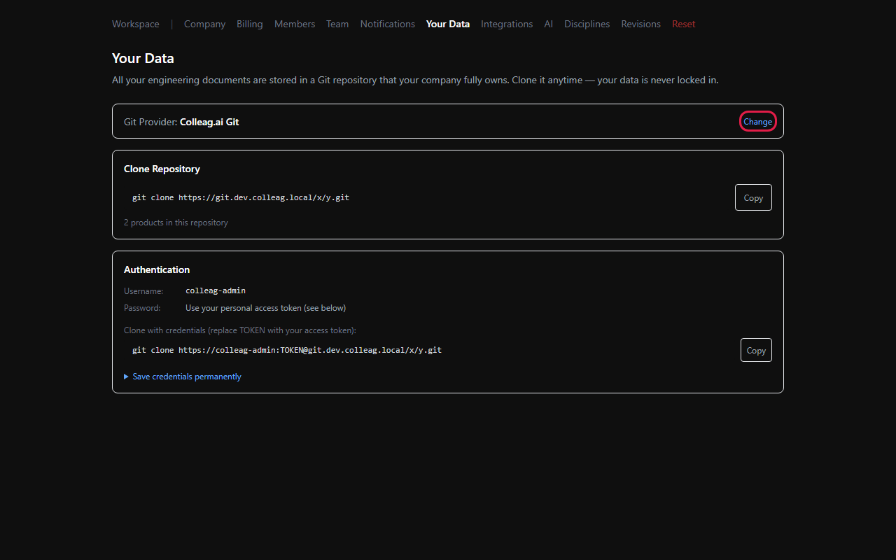 Settings → Your Data, med knappen Change markerad