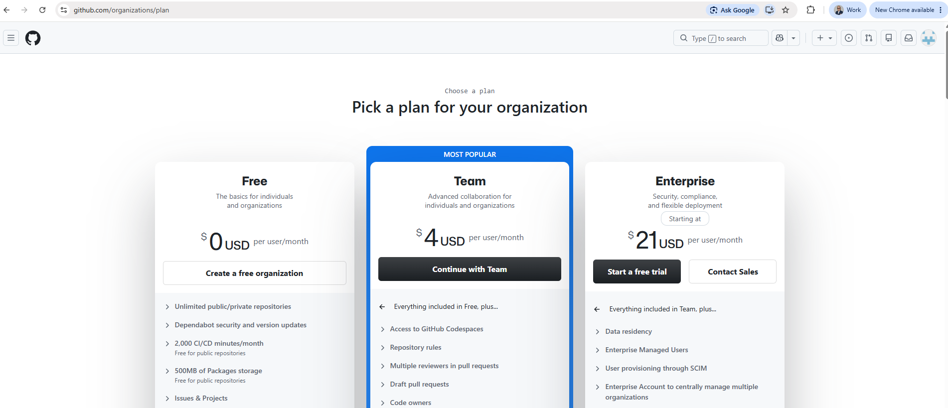 Pick a plan for your organization, med den kostnadsfria planen till vänster